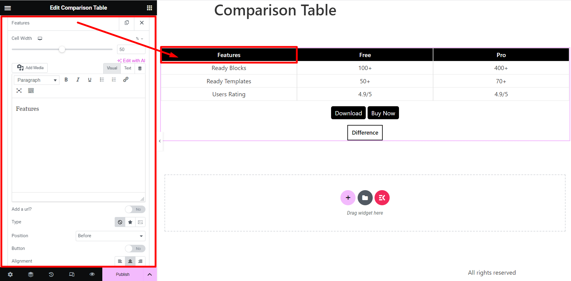 La tabla comparativa de ElementsKit ofrece varias opciones de personalización