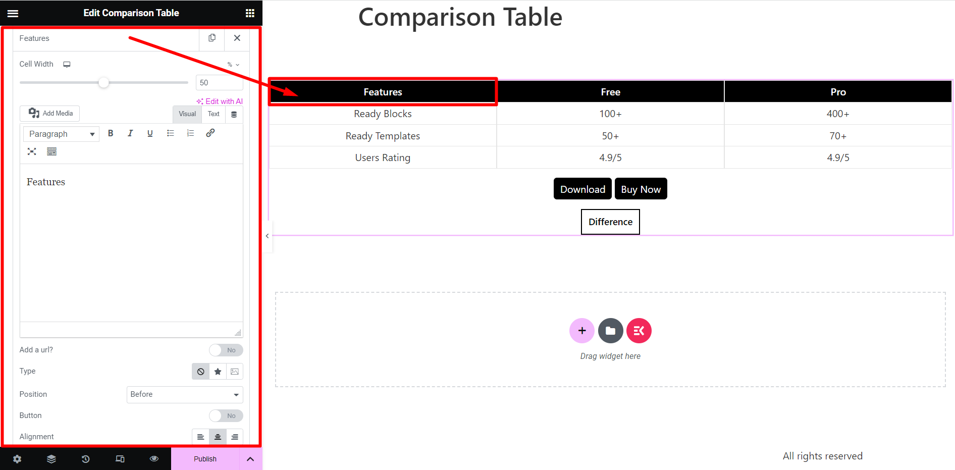 Le tableau de comparaison ElementsKit offre diverses options de personnalisation