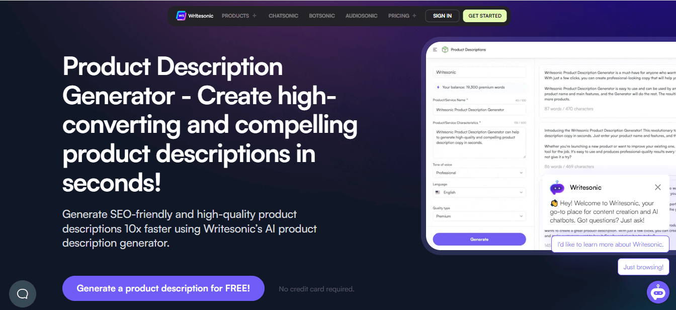 Writesonic, gerador de descrição de produto