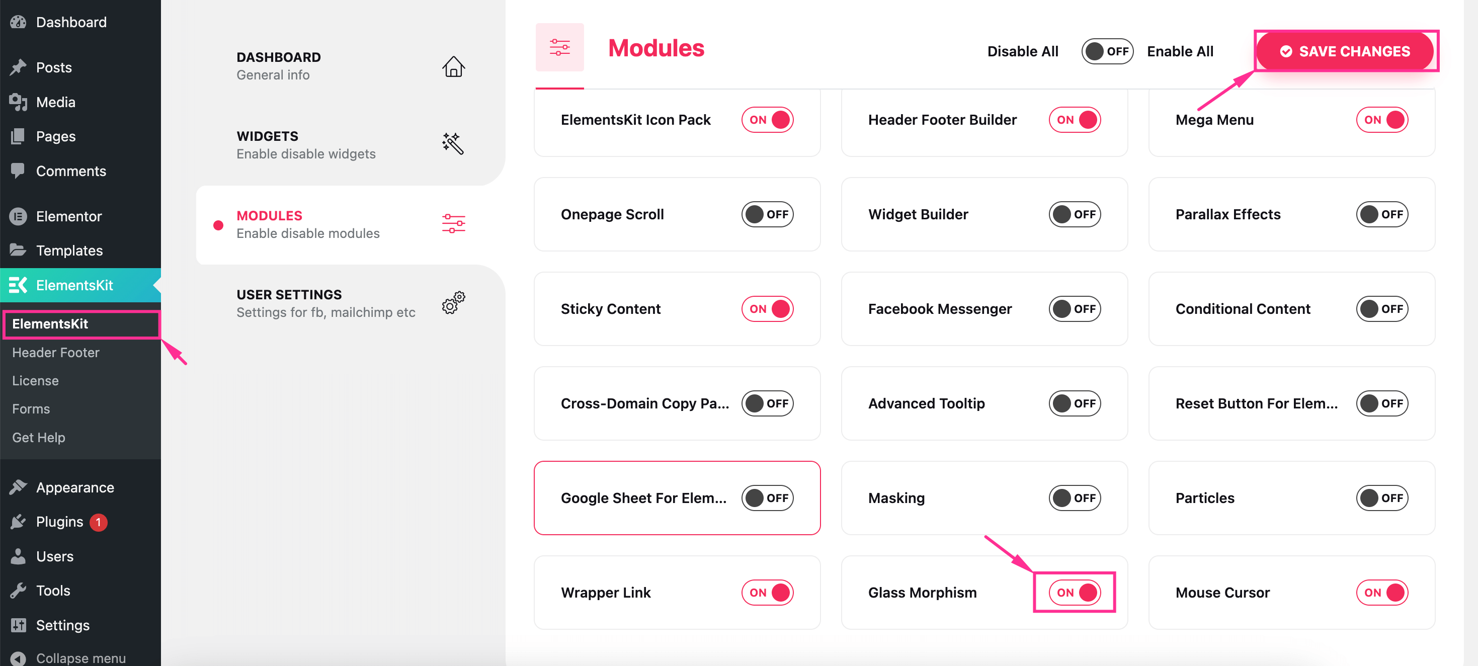 Włącz moduł morfizmu szkła ElementsKit