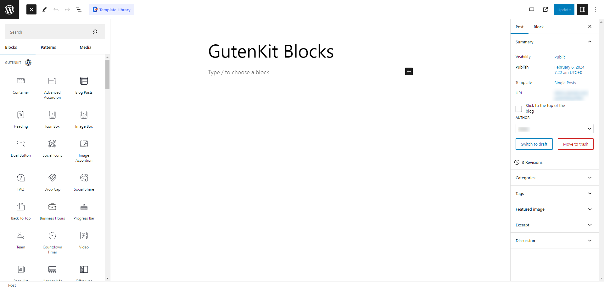 Gutenberg blok editor interface