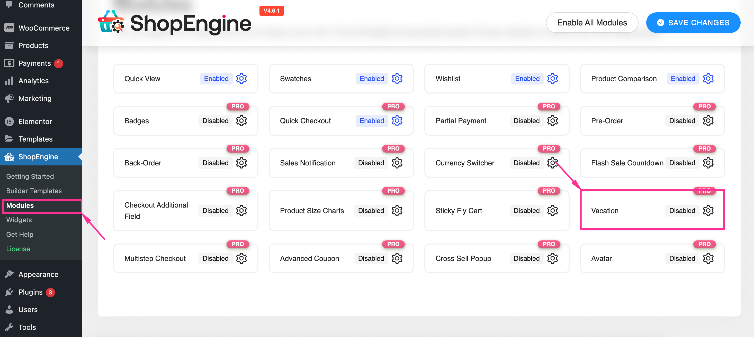 ShopEngineの休暇モジュールを有効にする