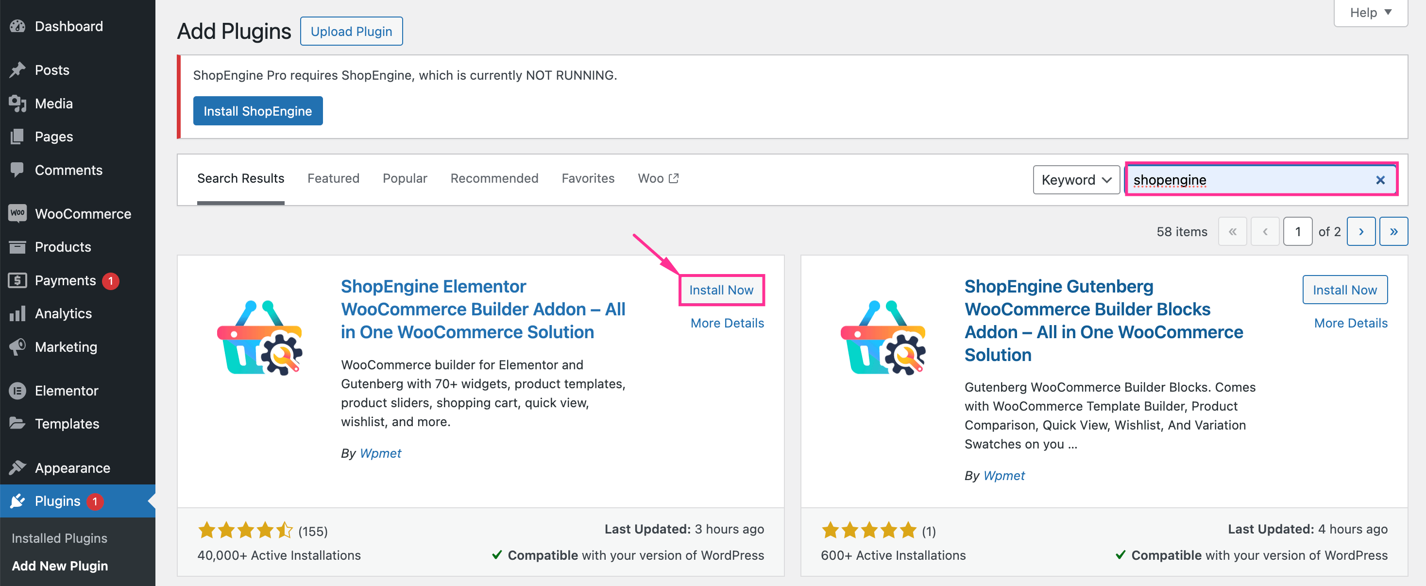 Instale ShopEngine, complemento del modo vacaciones de WooCommerce
