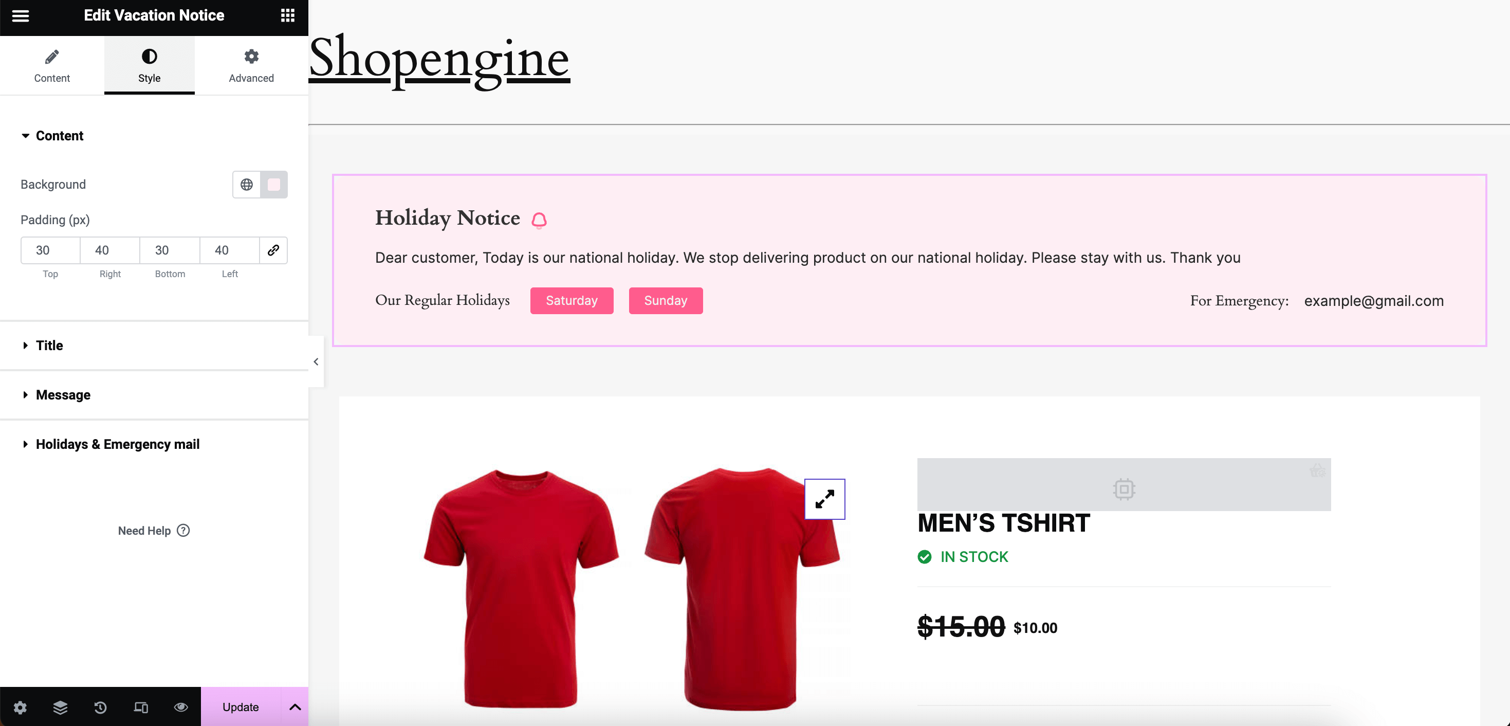 Style customization of vacation notice with ShopEngine