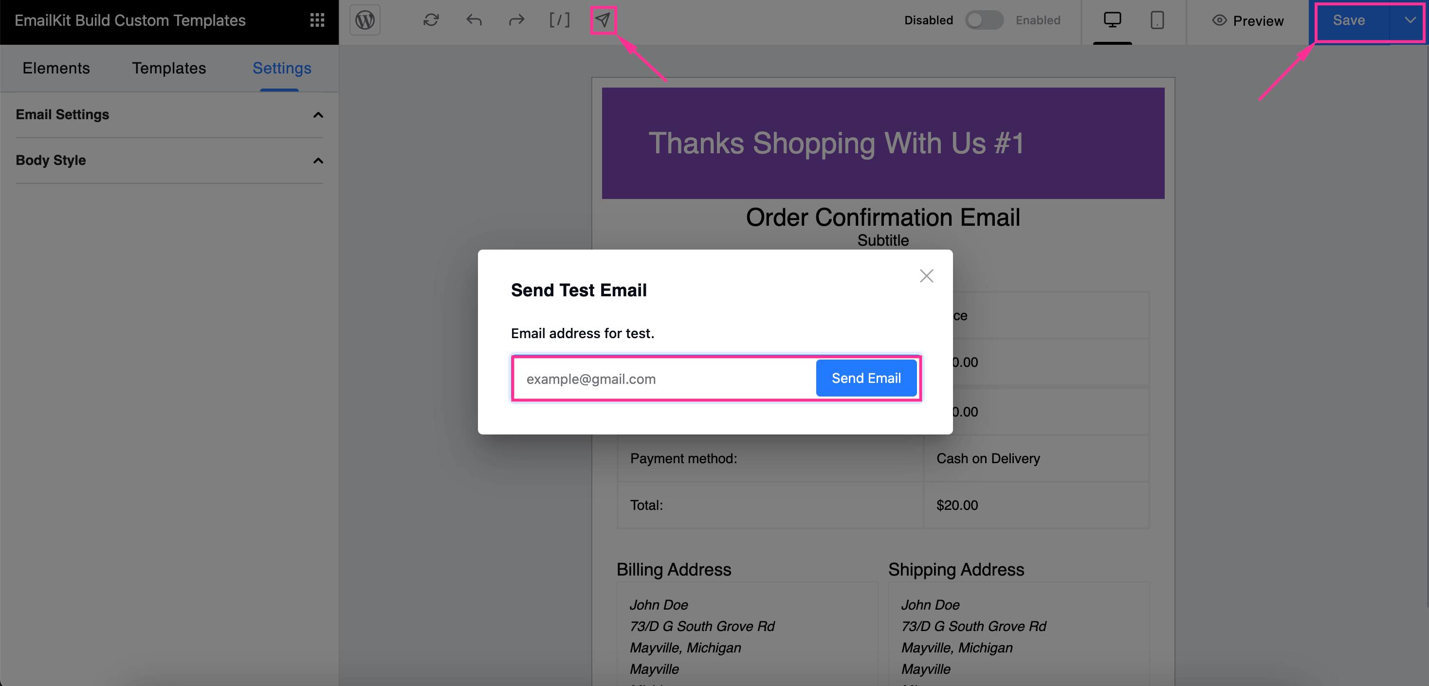 편집한 WooCommerce 이메일 템플릿을 저장하고 EmailKit으로 테스트하세요.