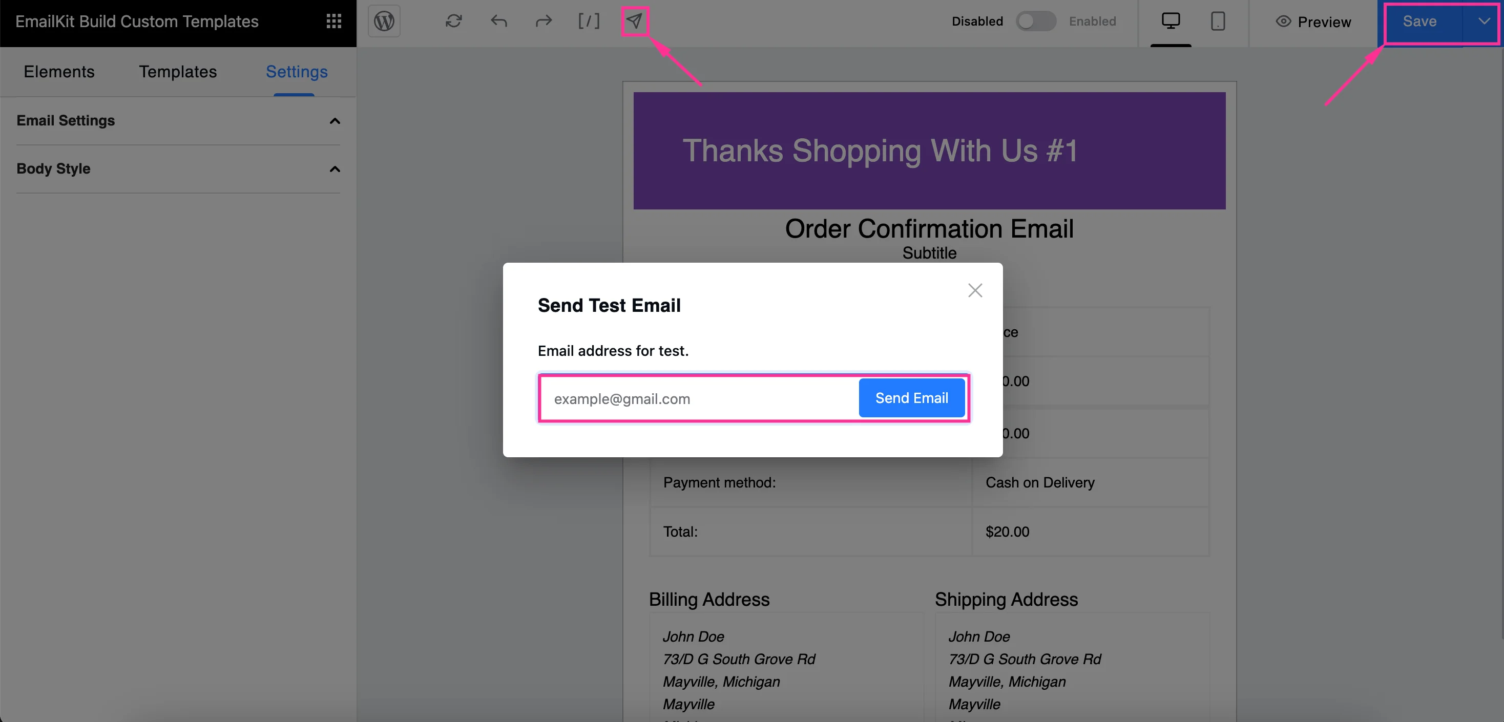 Spara dina redigerade WooCommerce e-postmallar och testa med EmailKit