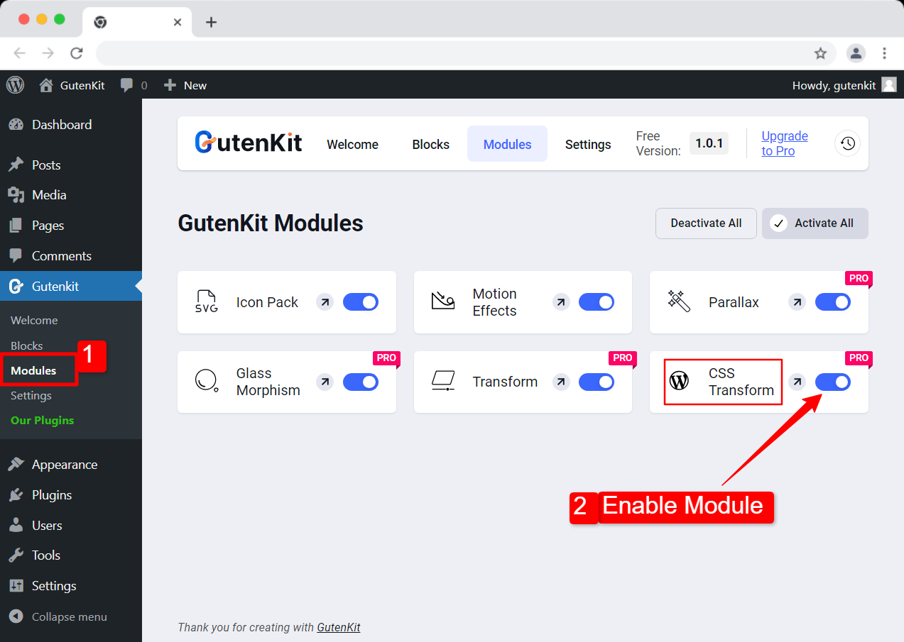 Enable CSS transform module for Gutenberg