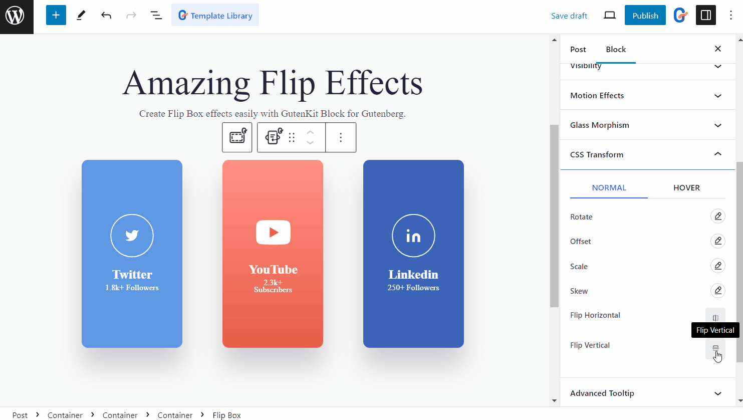 Flip Gutenberg blocks in horizontal direction with CSS transform