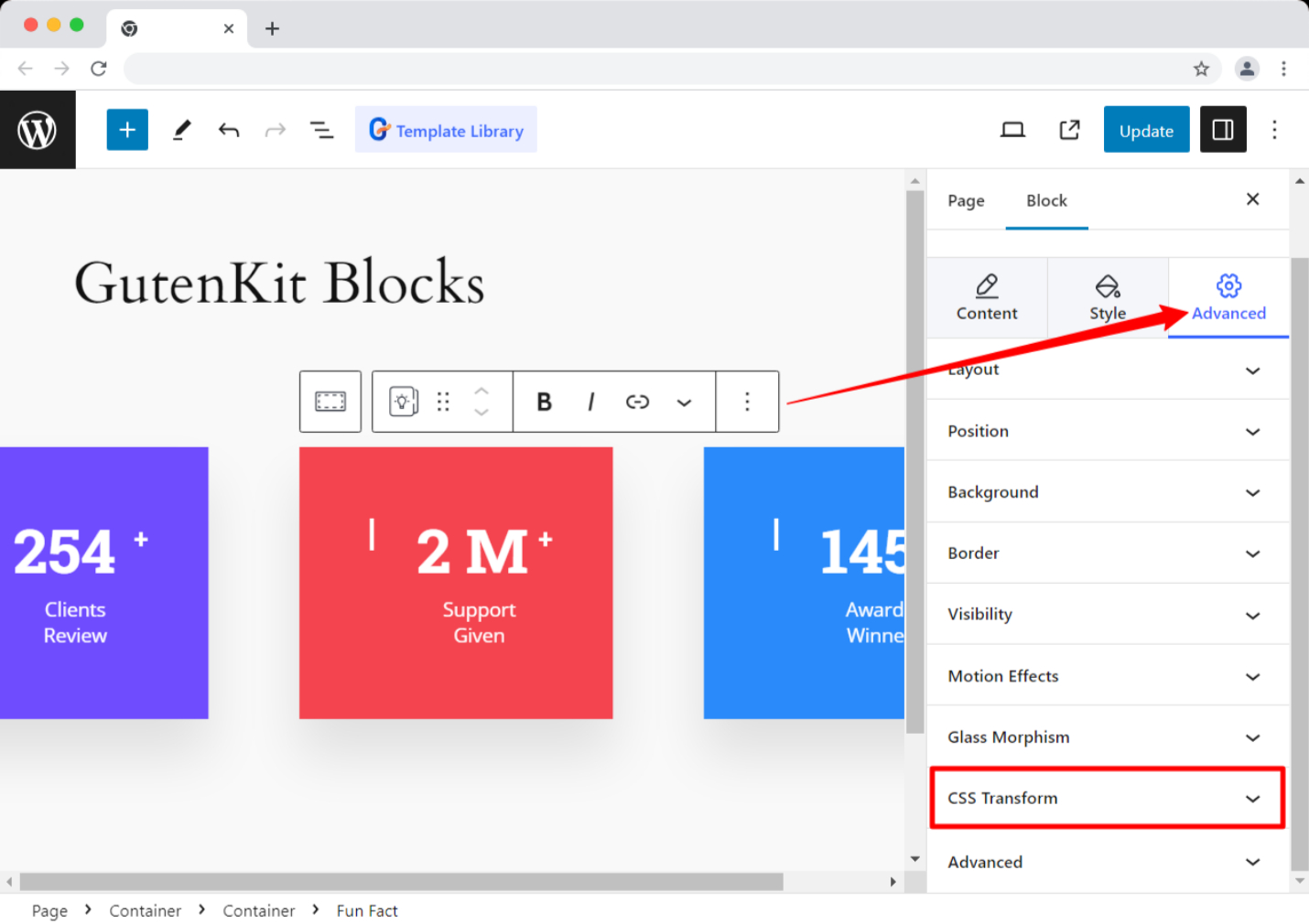 find css transform module in Gutenberg block editor