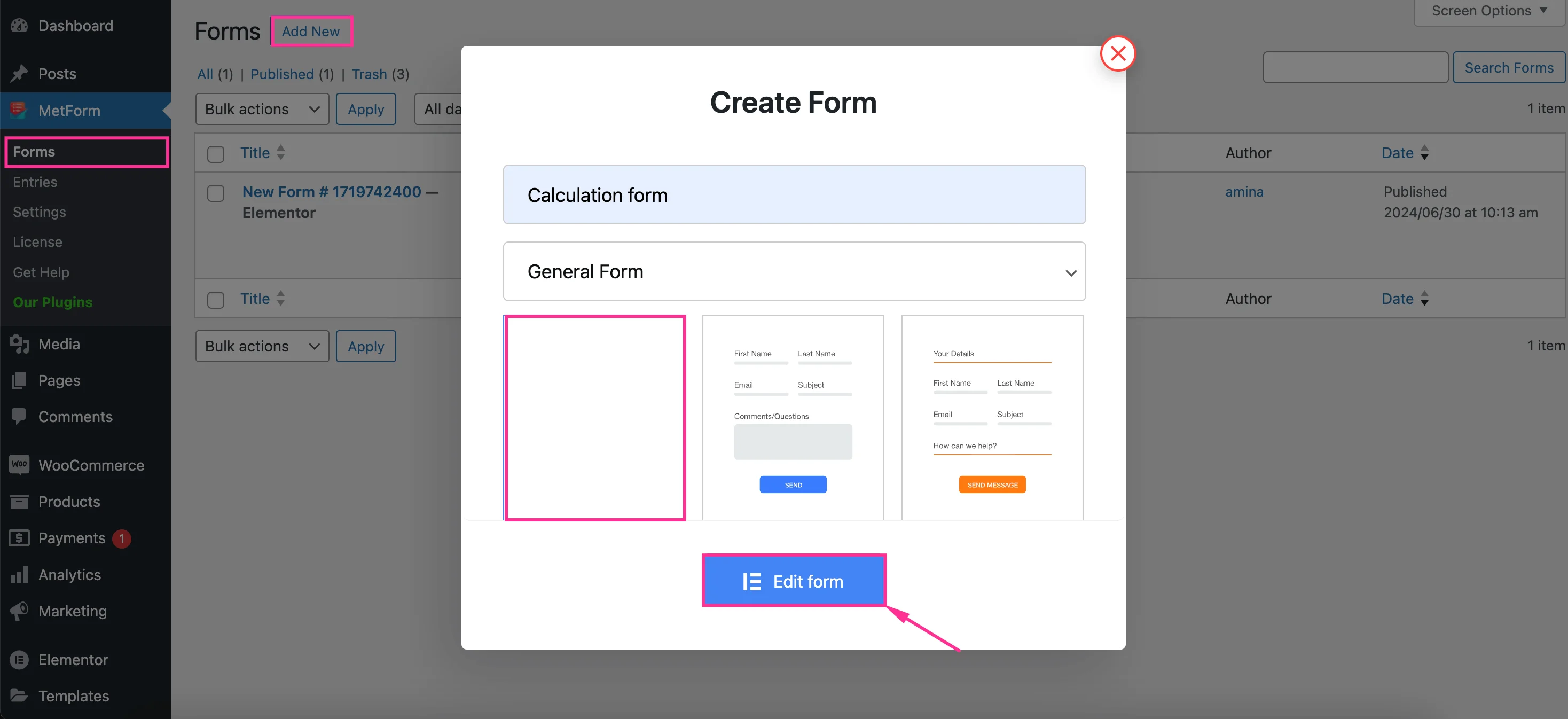 Select a blank template From MetFrom, the WordPress calculation form builder