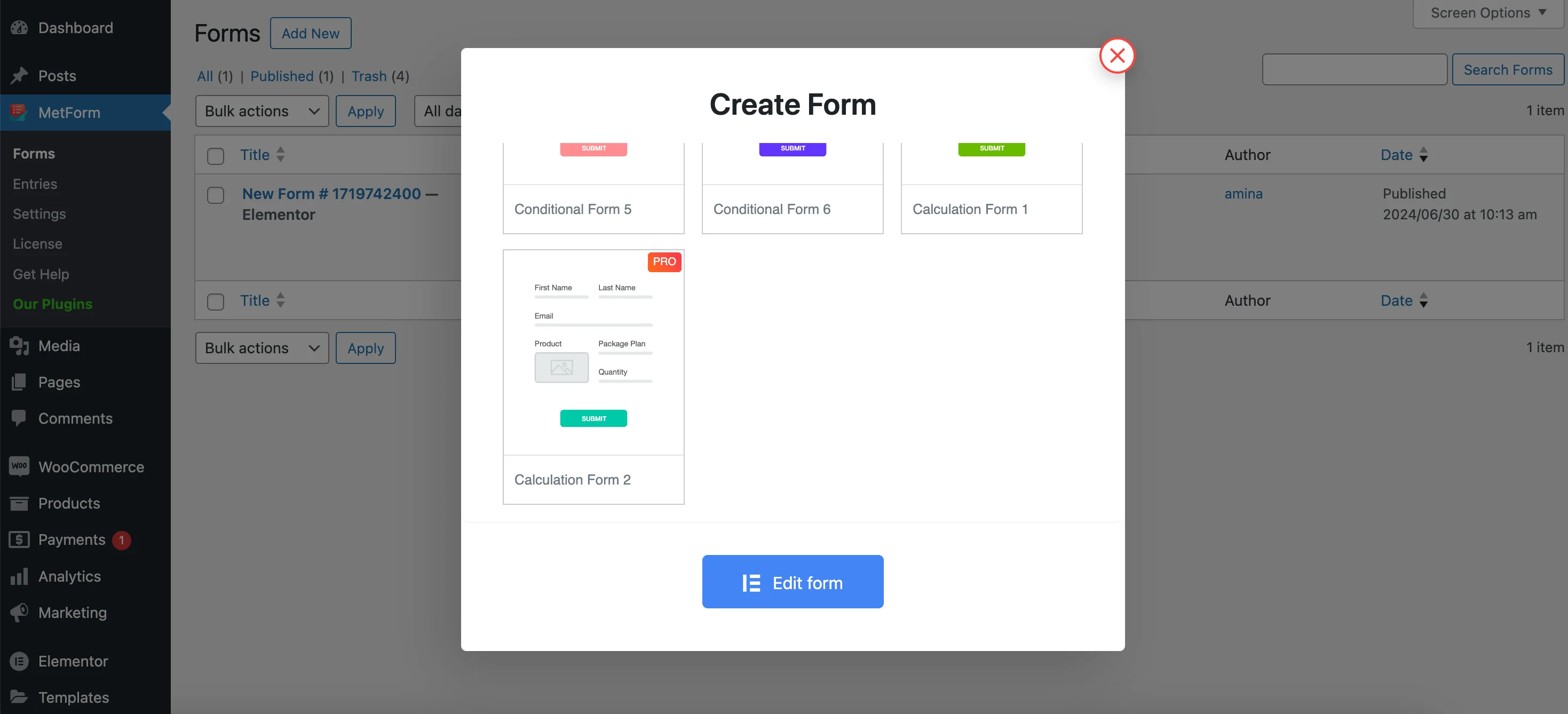 Use WordPress calculation form builder template of MetForm