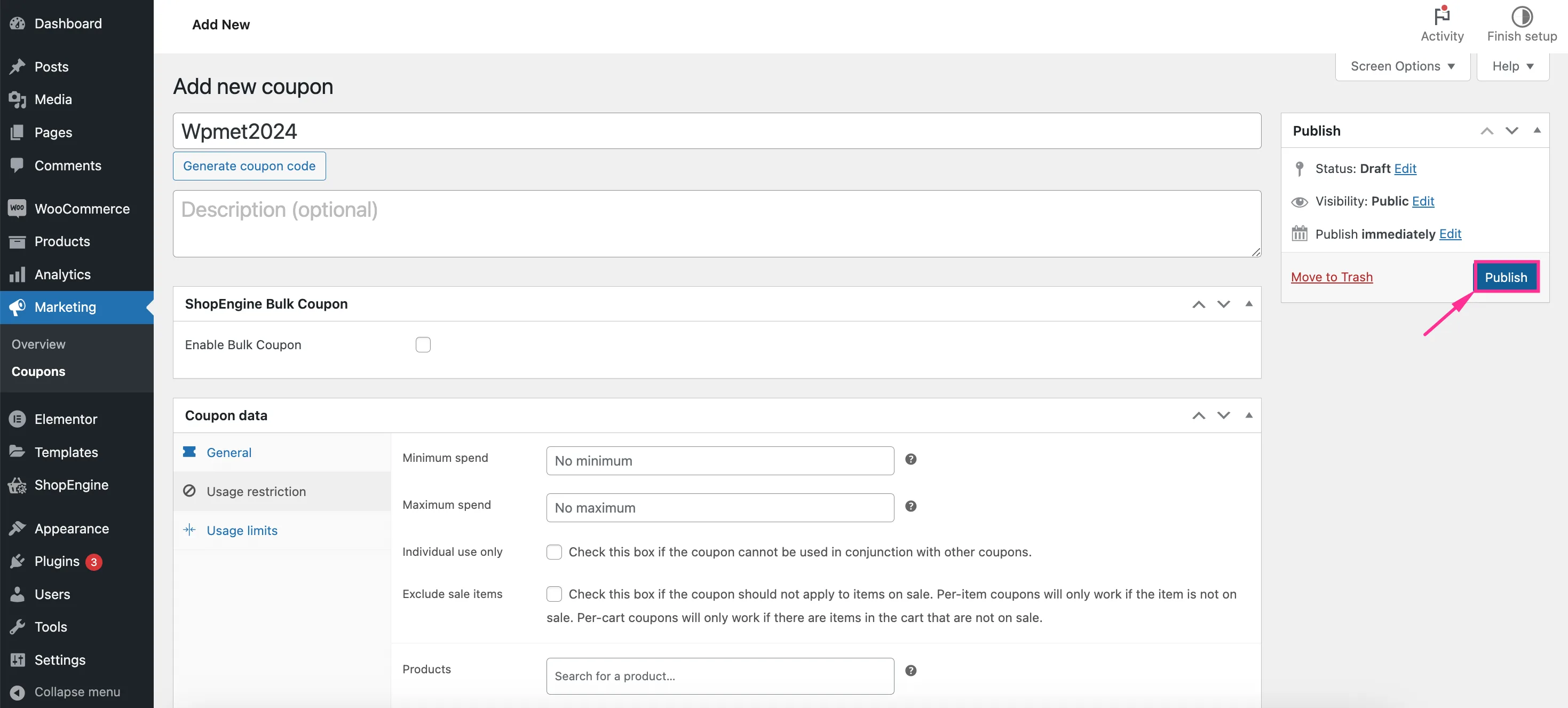 Configurar as configurações avançadas de cupom do WooCommerce com o ShopEngine
