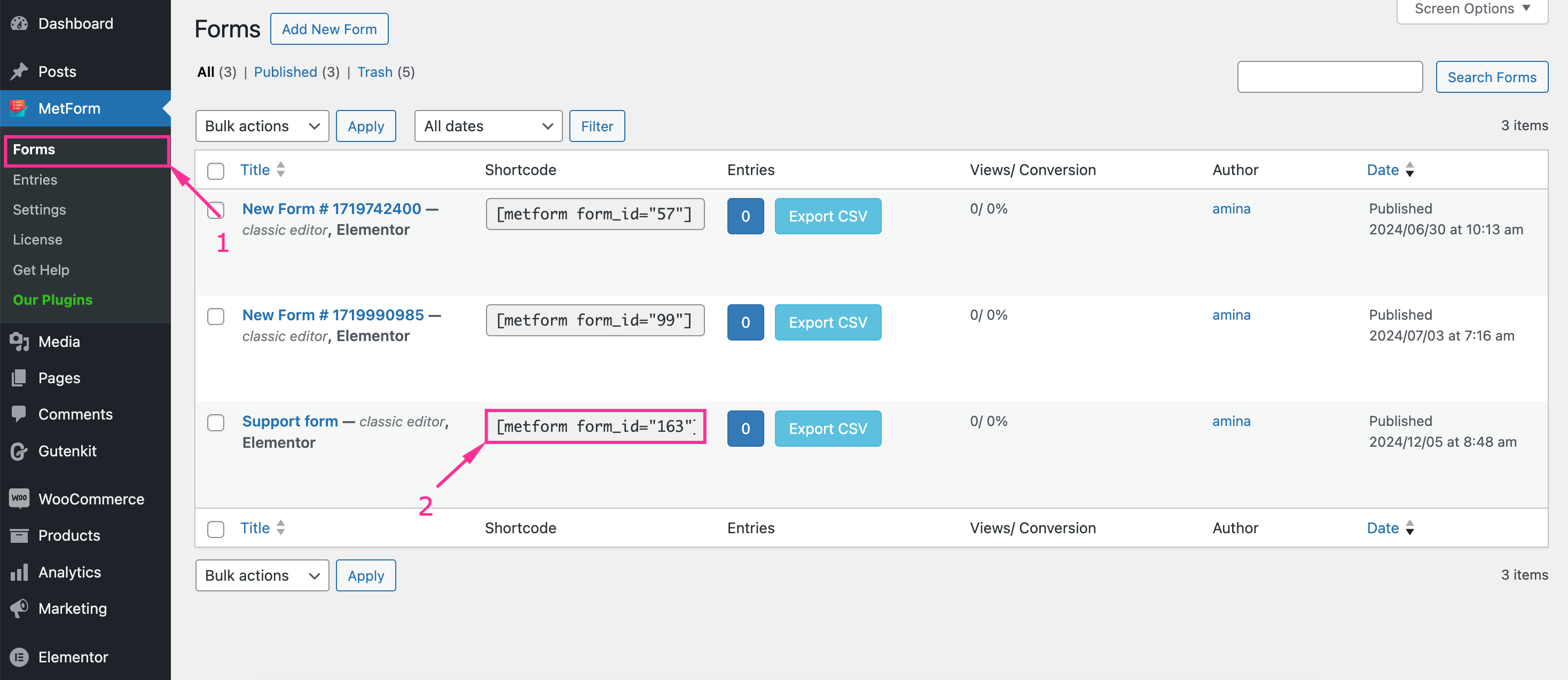 Add support form to pages or posts with shortcodes