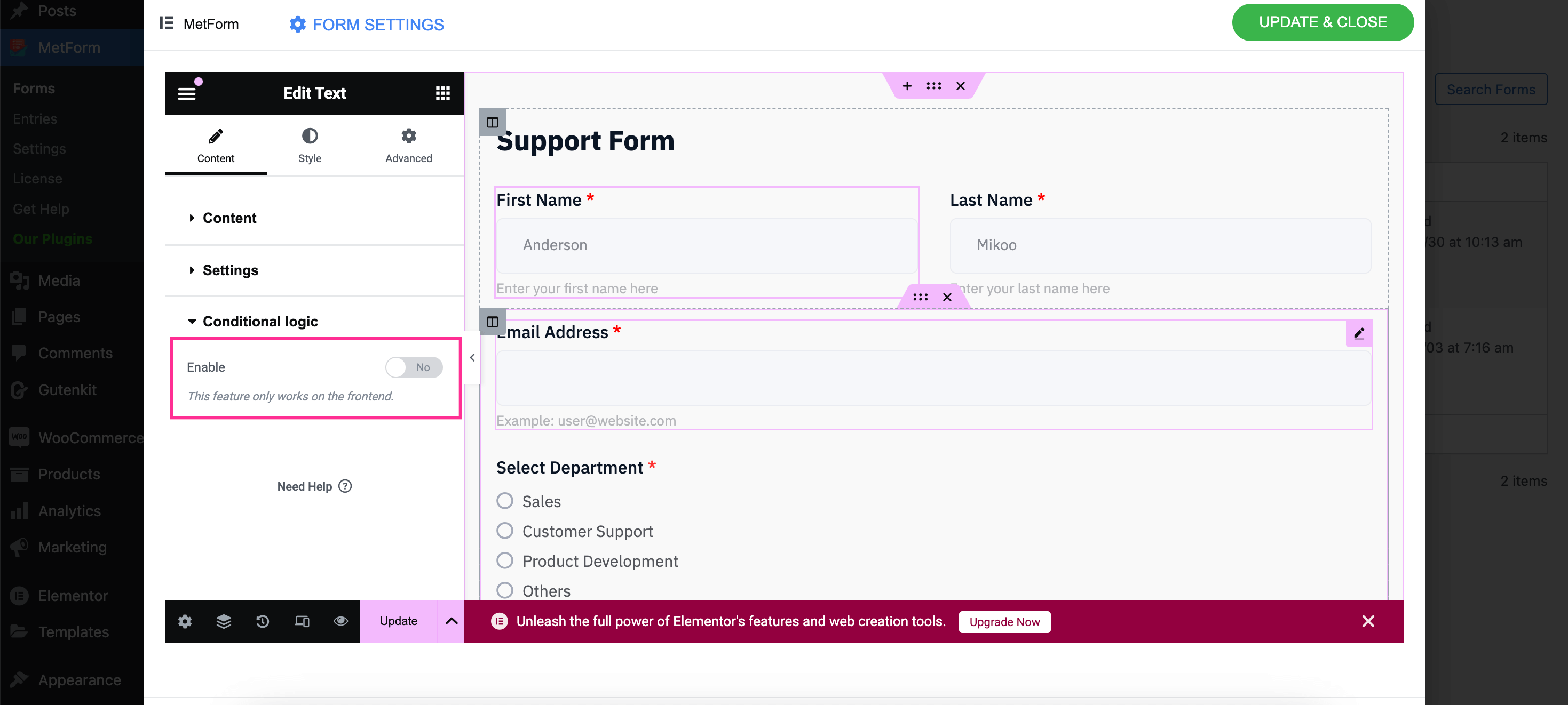 Set conditional logic to support ticket form