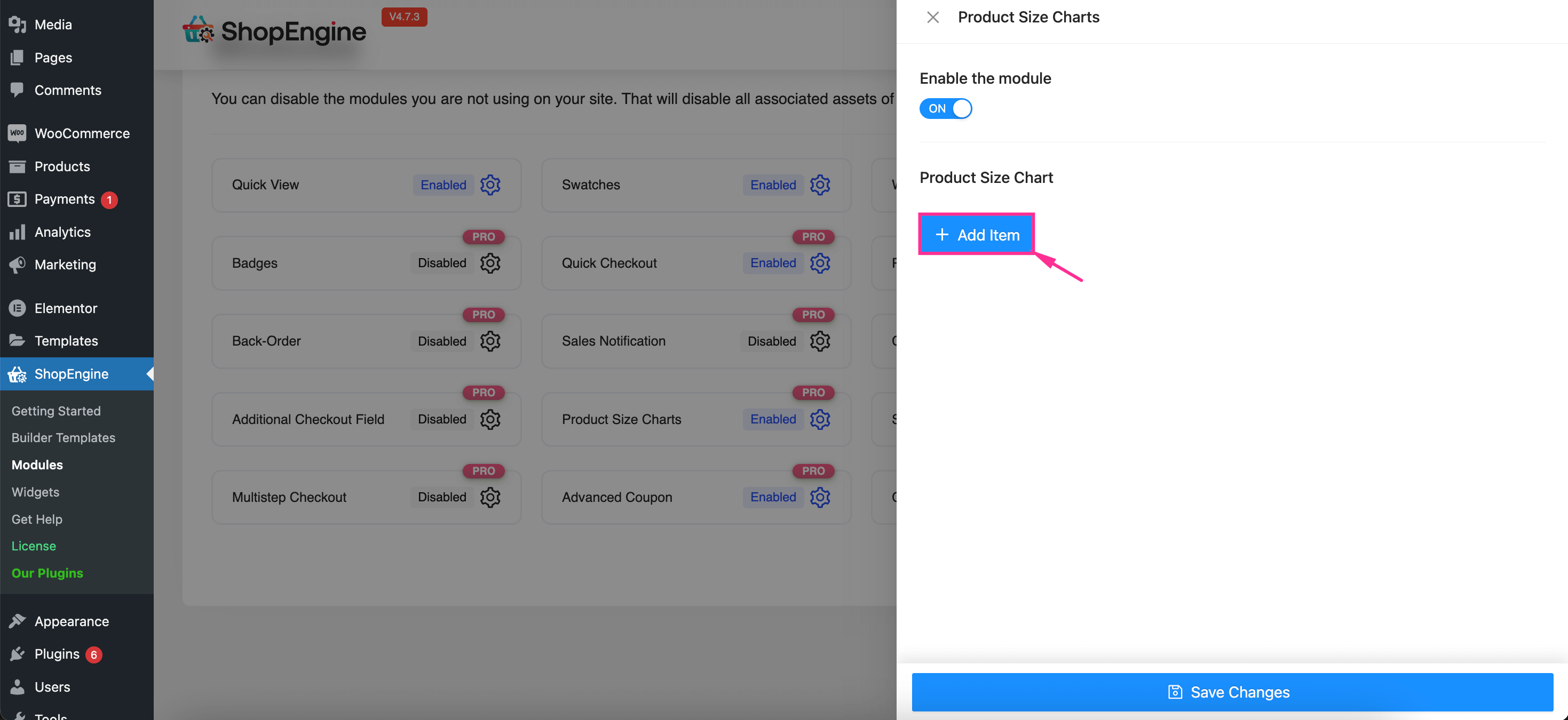 Enable product size chart module of ShopEngine