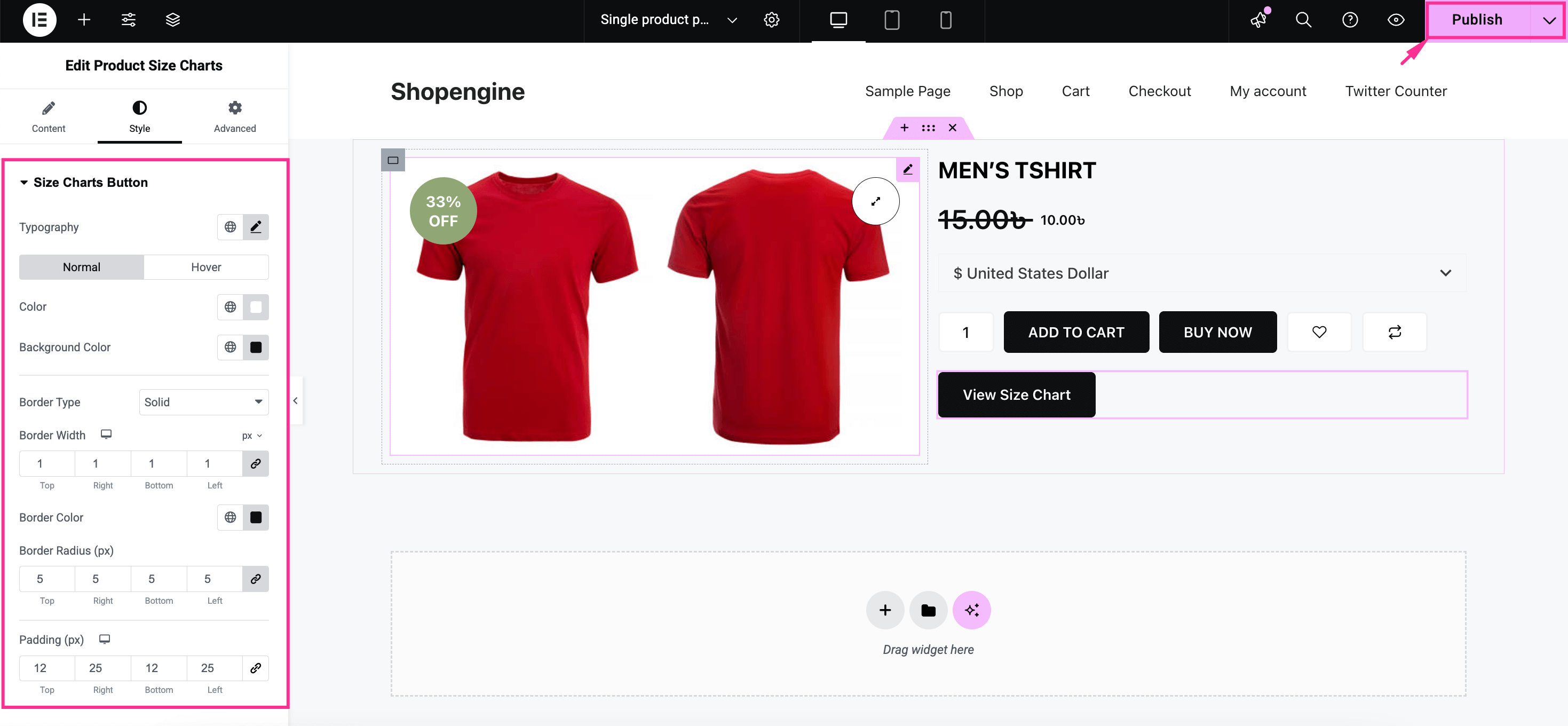 Customize the style of your WooCommerce product size charts uisng ShopEngine