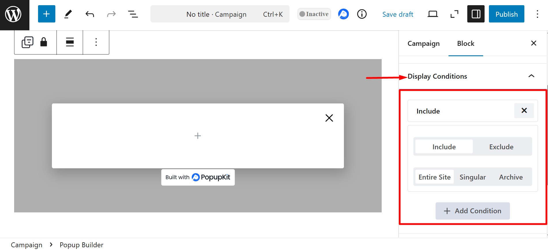 Display conditions of popup builder