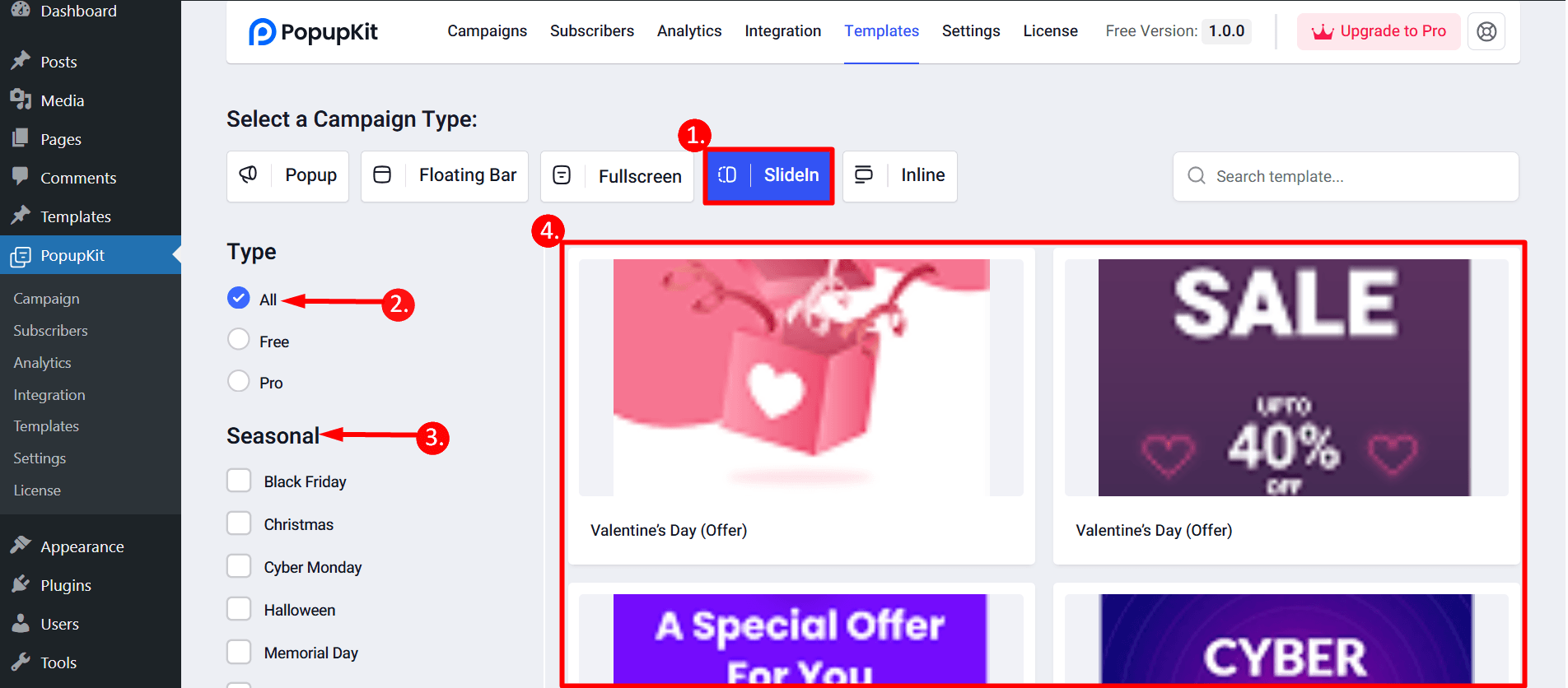 Select SlideIn to see templates