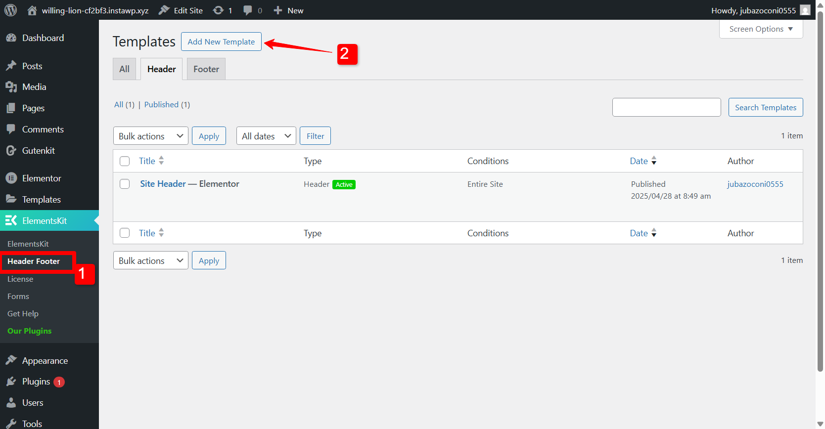 Add header template with ElementsKit Header Footer builder