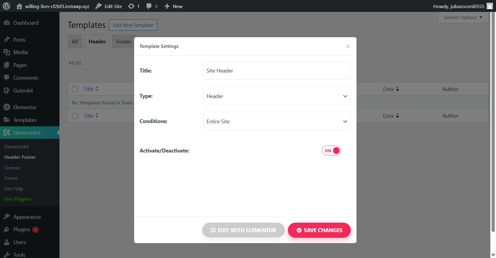 Configure header template settings in ElementsKit header footer builder