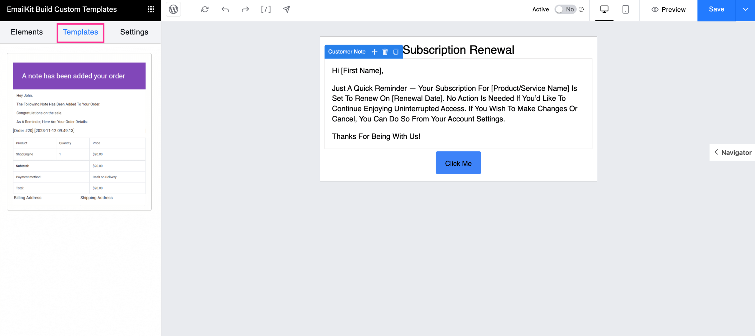 Save WooCommerce automation email template built with EmailKit