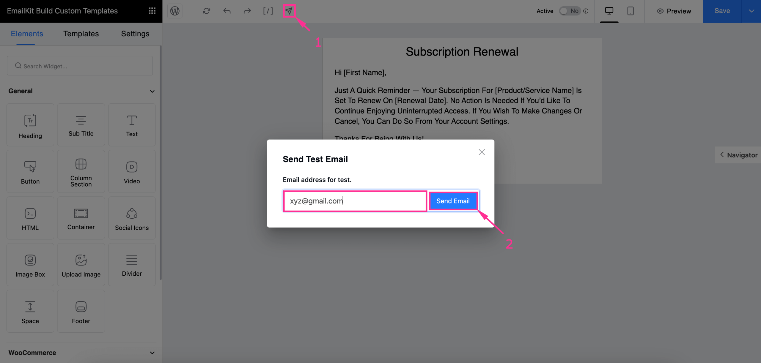 Send test email using WooCommerce followup email plugin, EmailKit