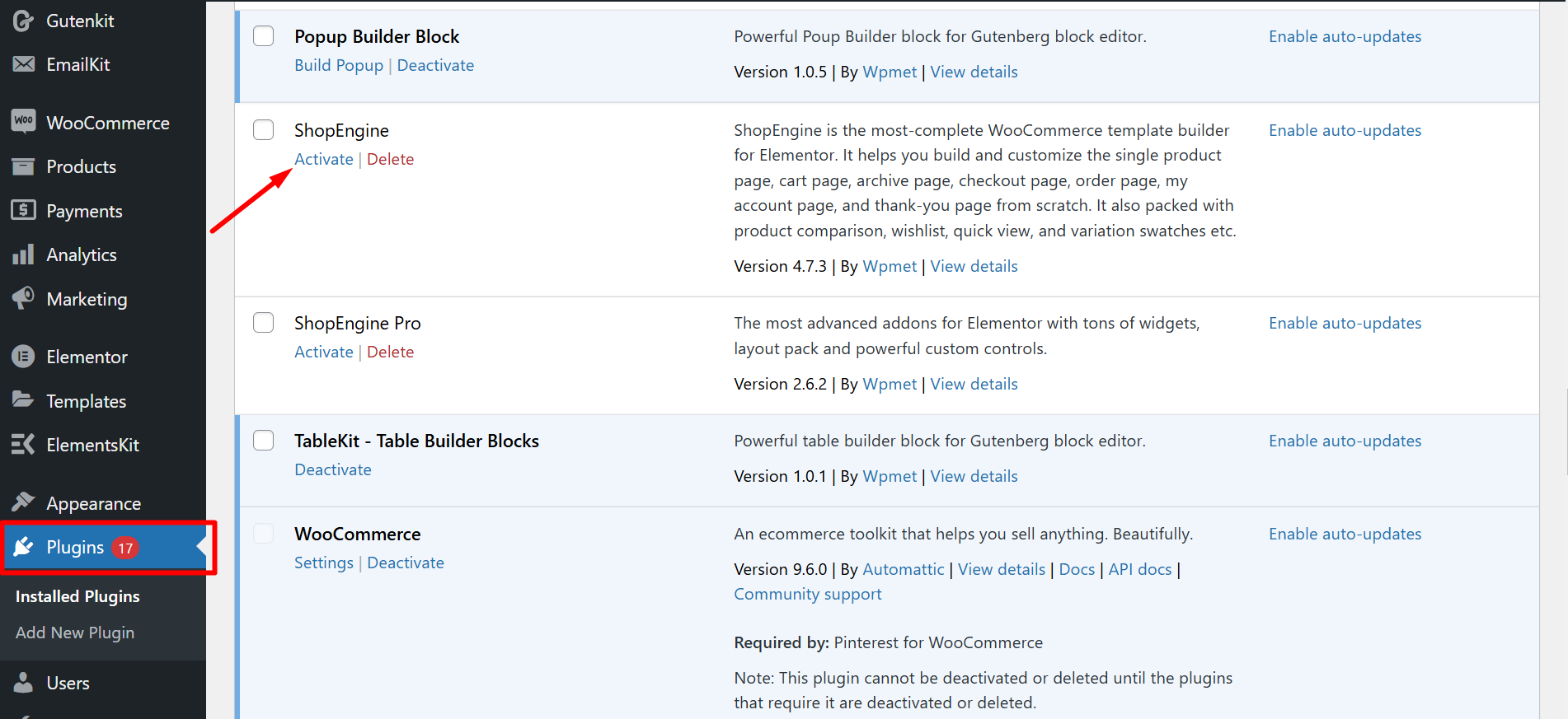 Activate ShopEngine from the list of the plugins