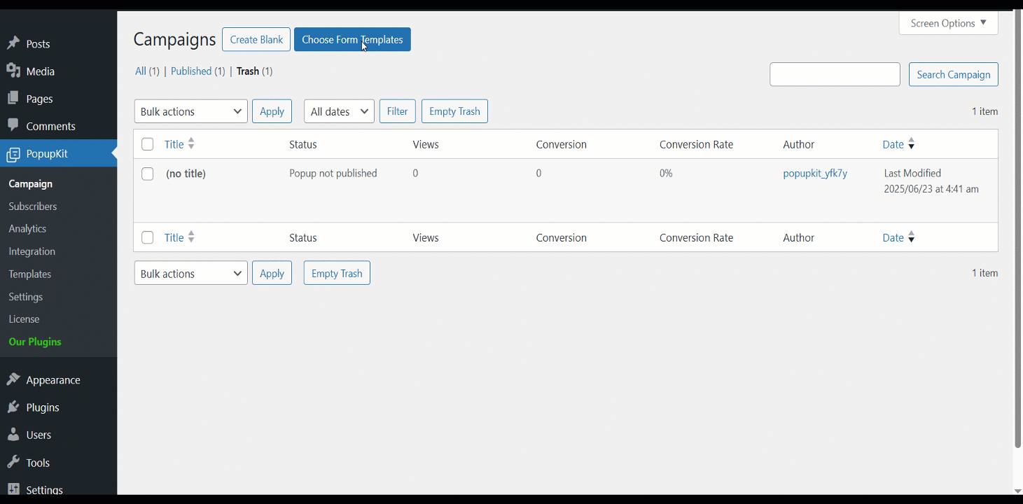 Choose a template from the popup templates