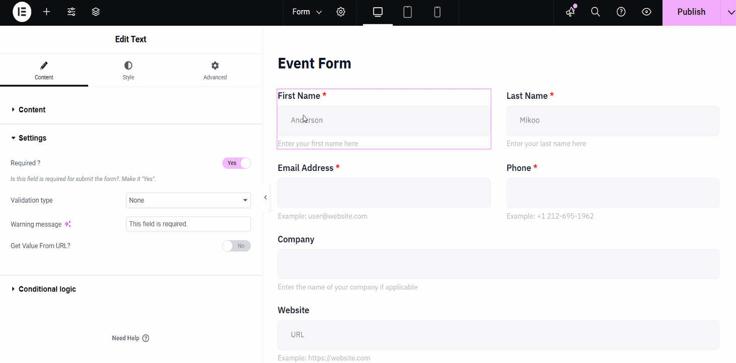 Different form validation types