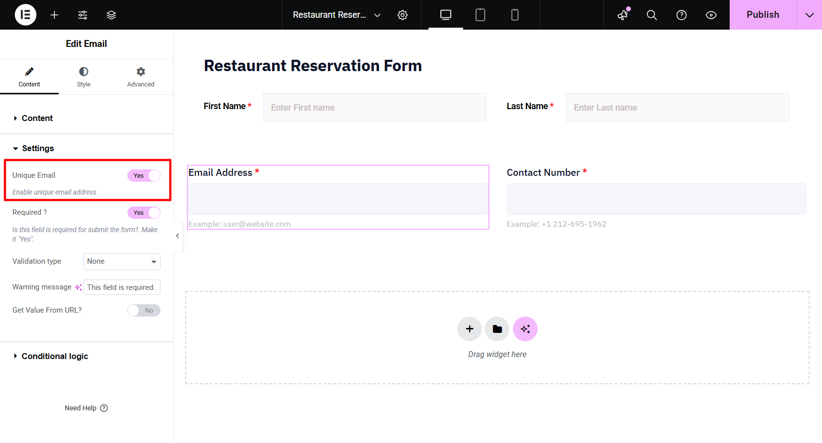 Add Contact Info in a simple restaurant reservation form in WordPress