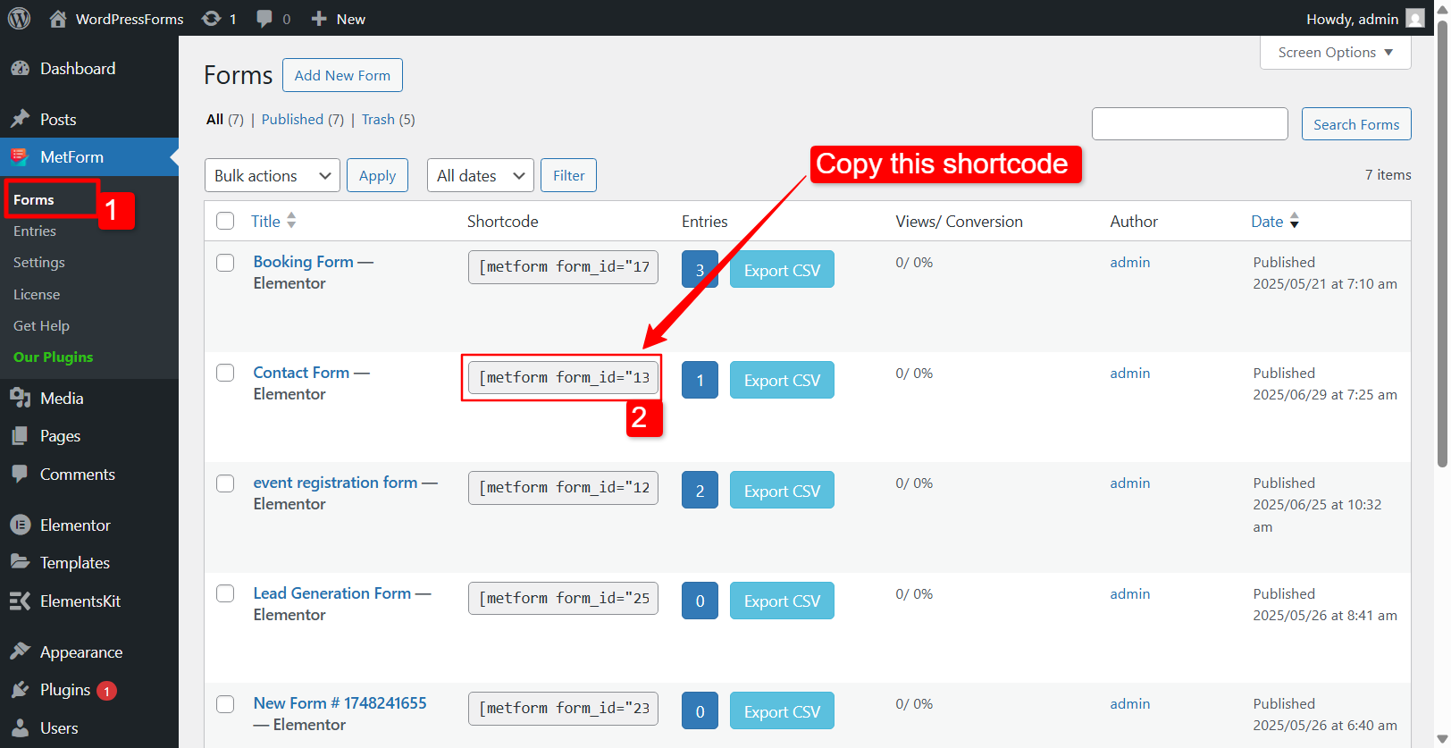 Copy the shortcode for individual WordPress forms
