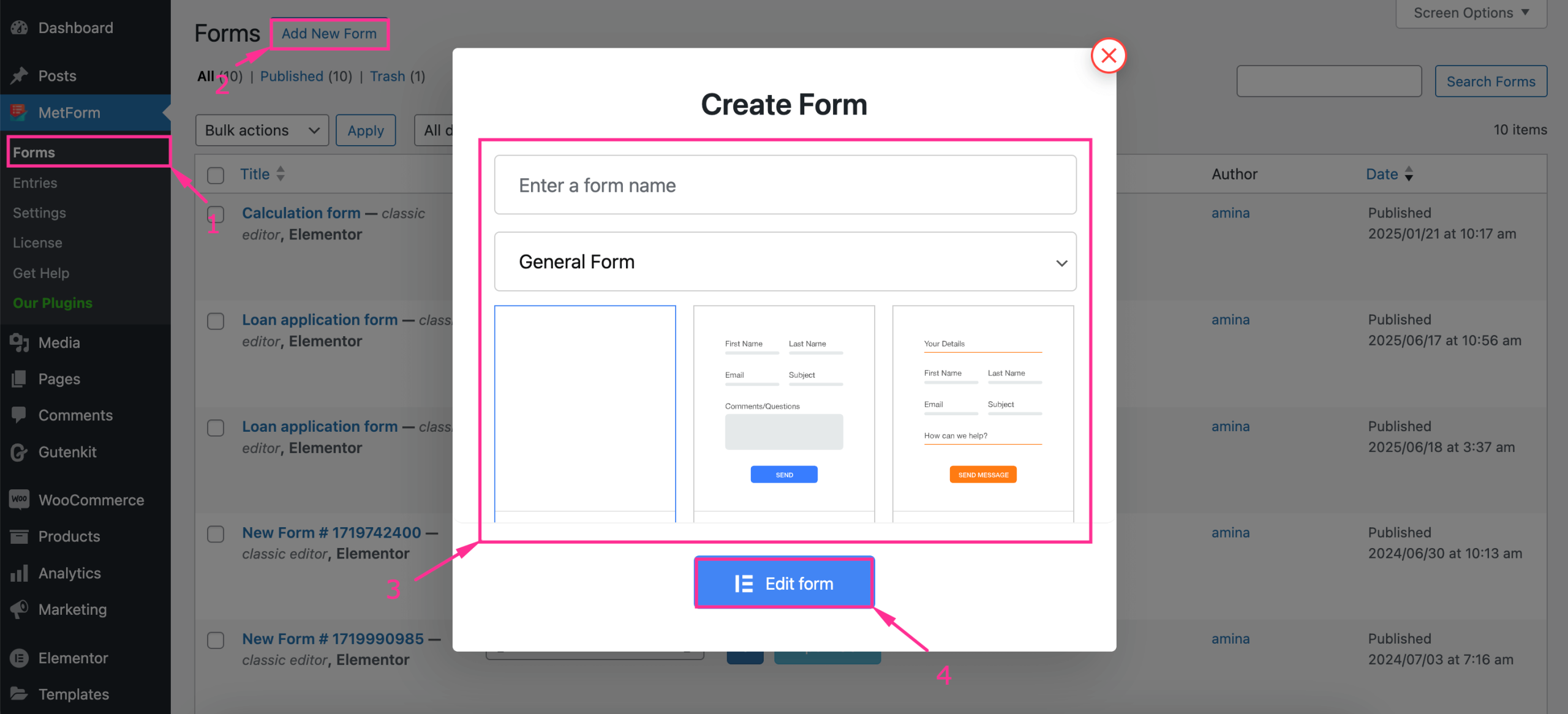 Create WordPress form with MetForm