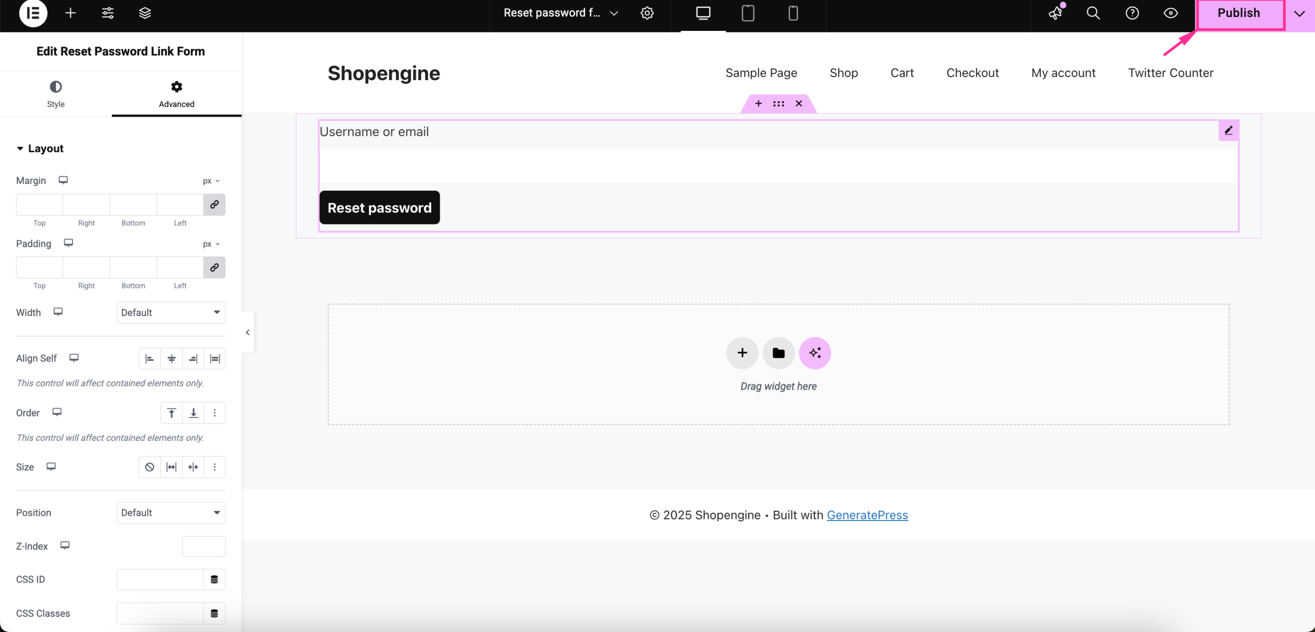 Publish WooCommerce lost password page built with ShopEngine