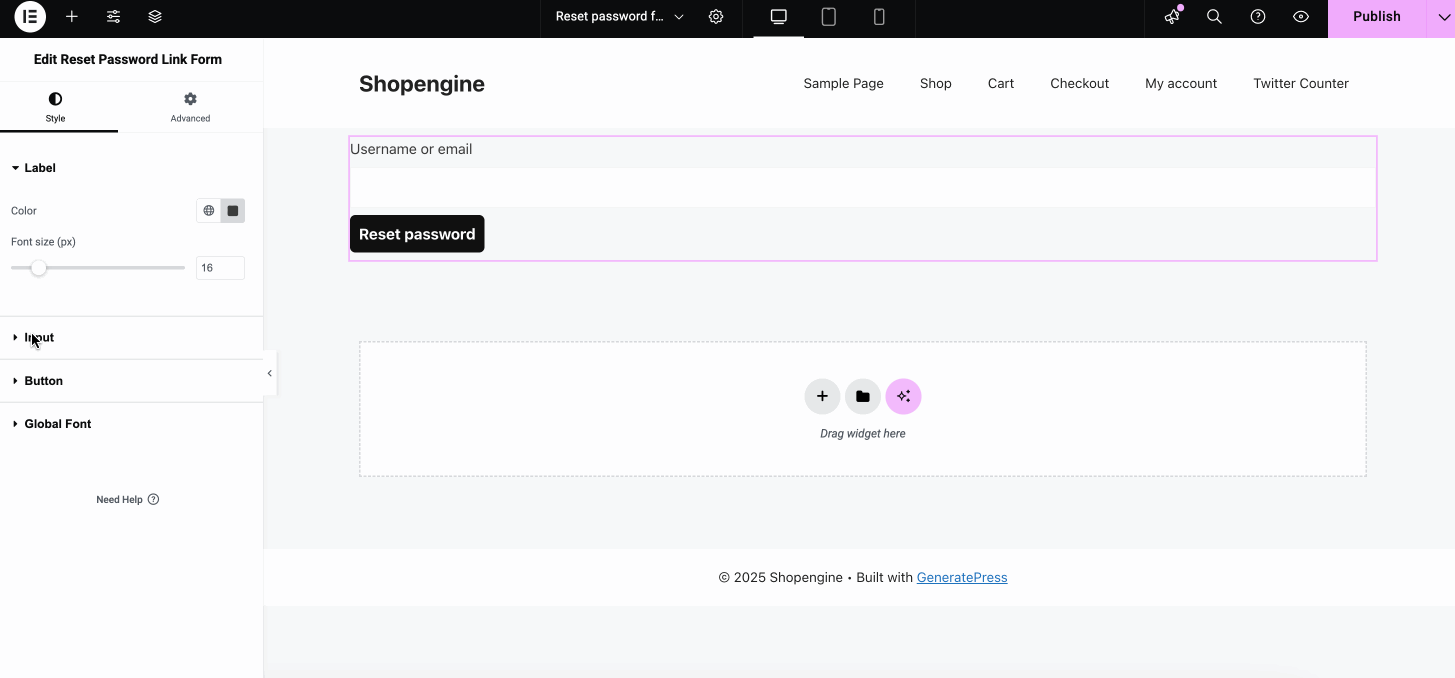 Set a custom old password form page with ShopEngine