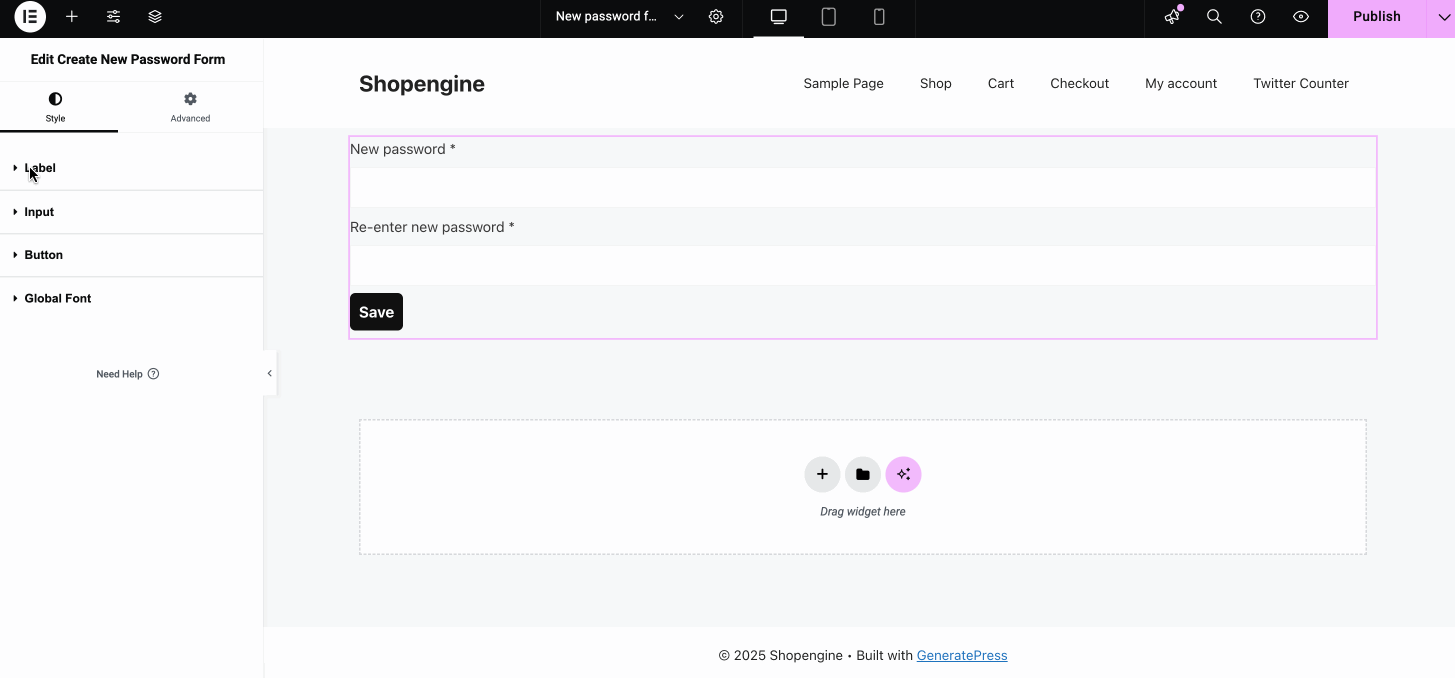 Customize the style of new password form with ShopEngine