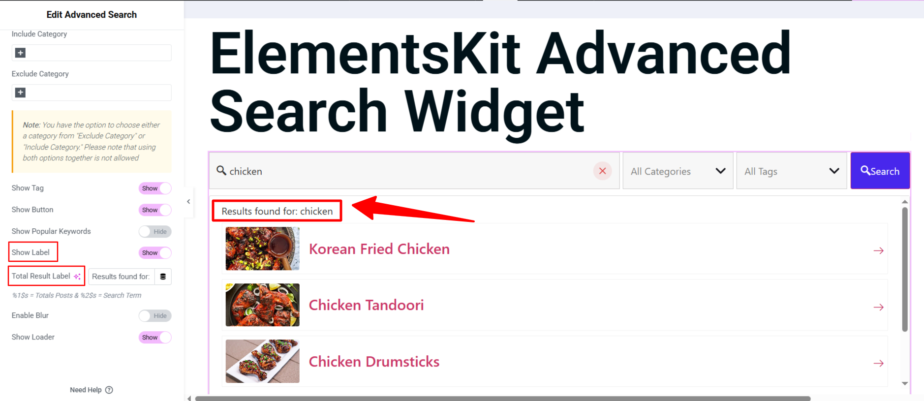 ElementsKit Advanced Search widget -  Show Label Option