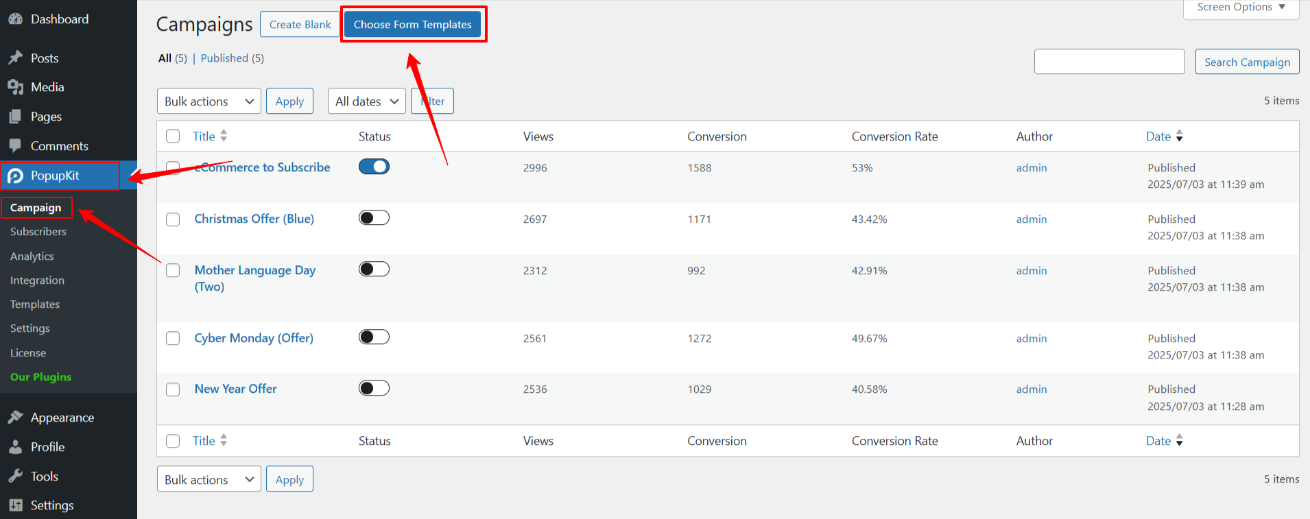 PopupKit Editor Interface, build campaign with template