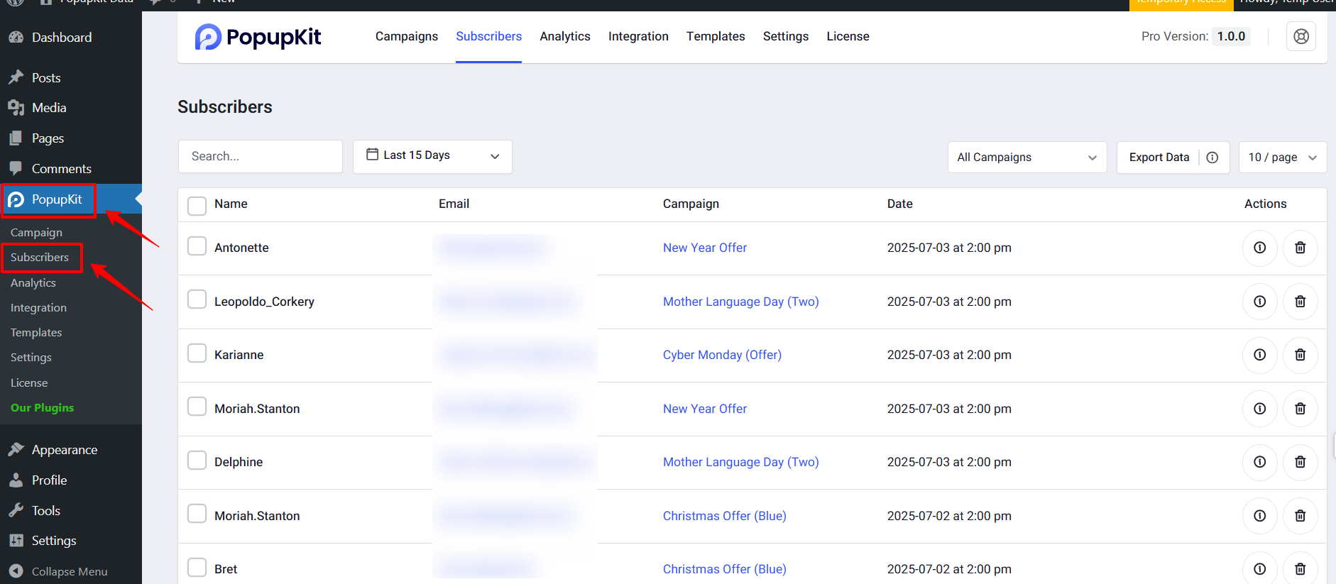 PopupKit Subscriber List