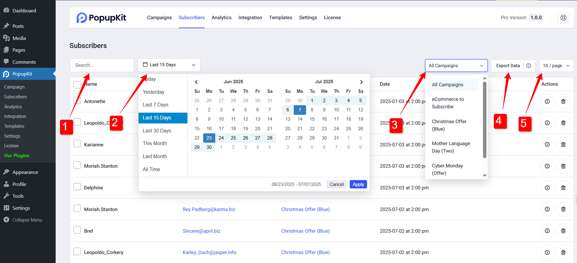 PopupKit Subscriber List, configure options