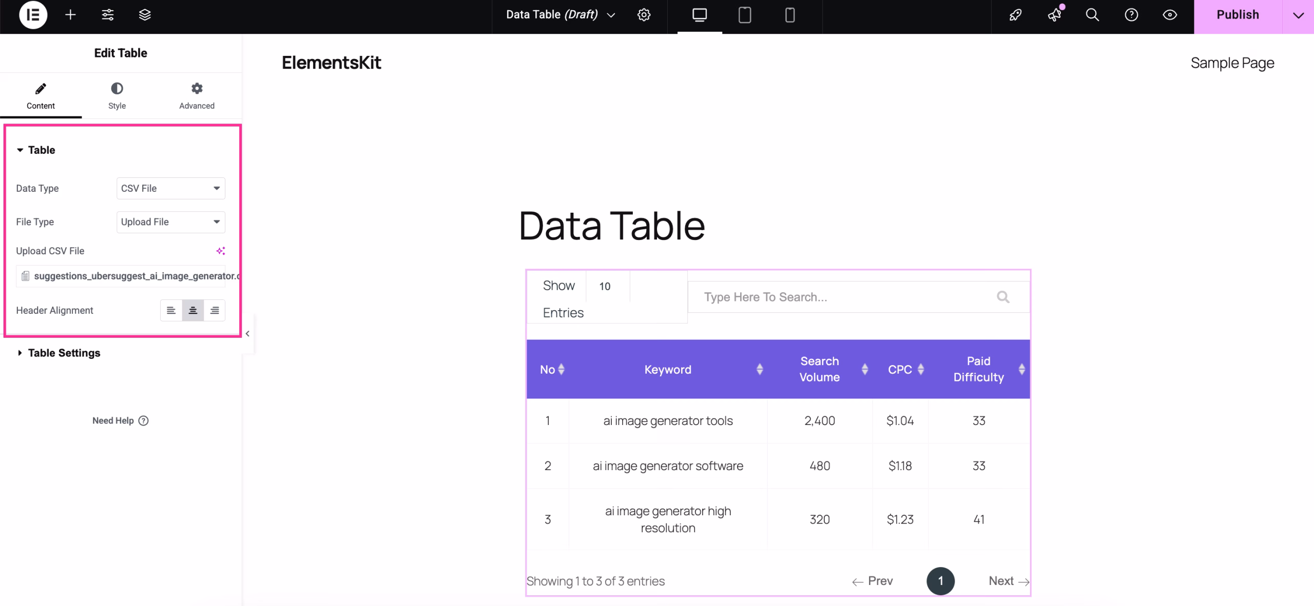 Upload data table with CSV file in WordPress