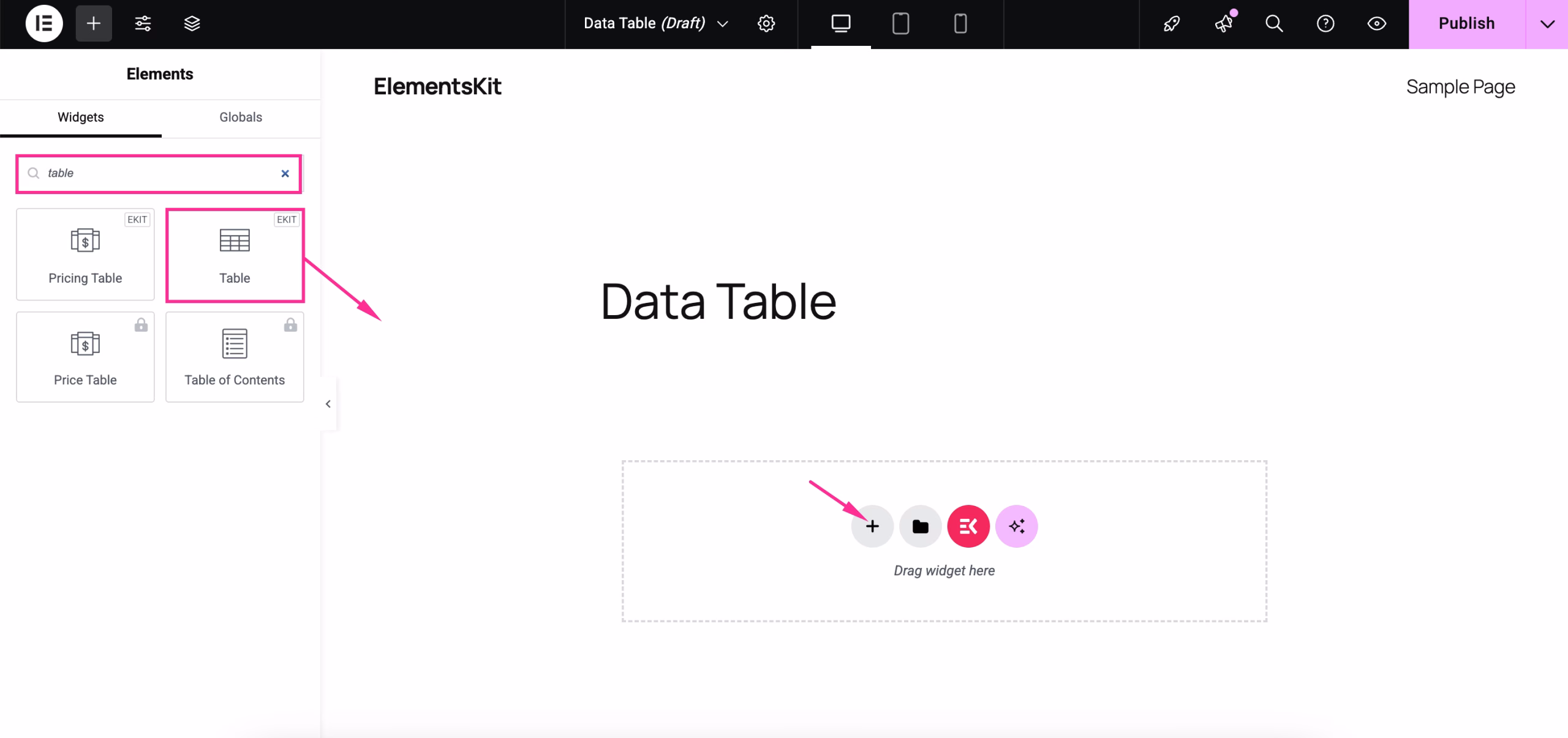 Add Data table with ElementsKit, a WordPress data table plugin