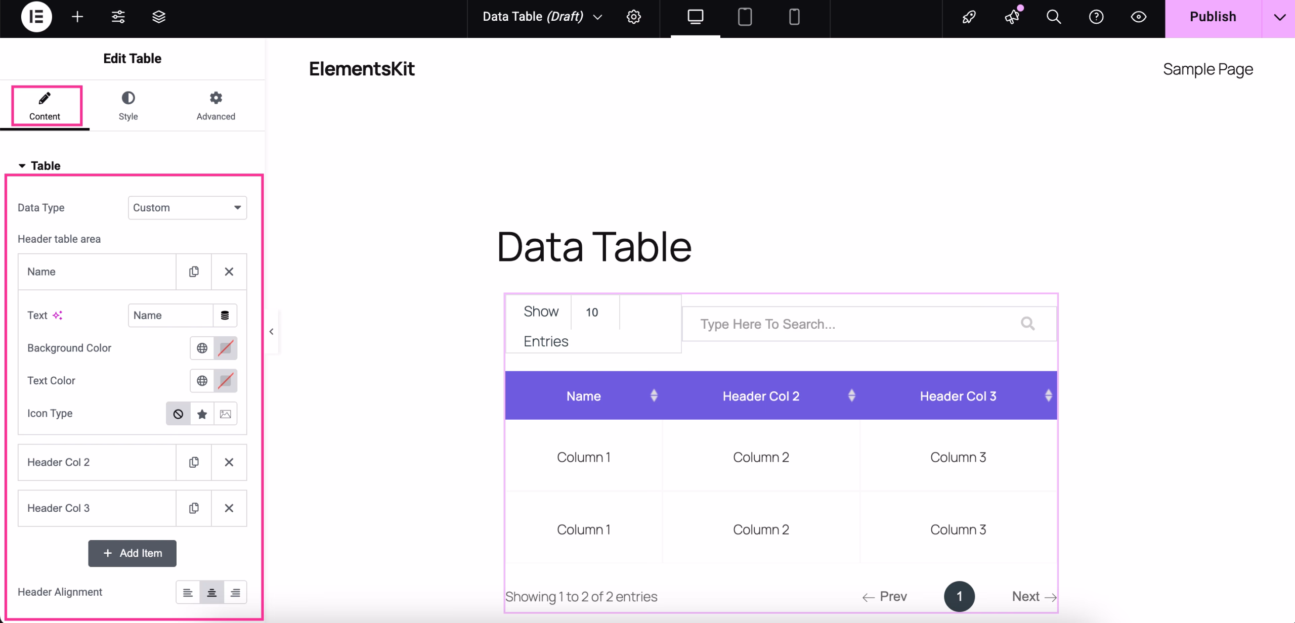Edit the content of the custom data table with ElementsKit