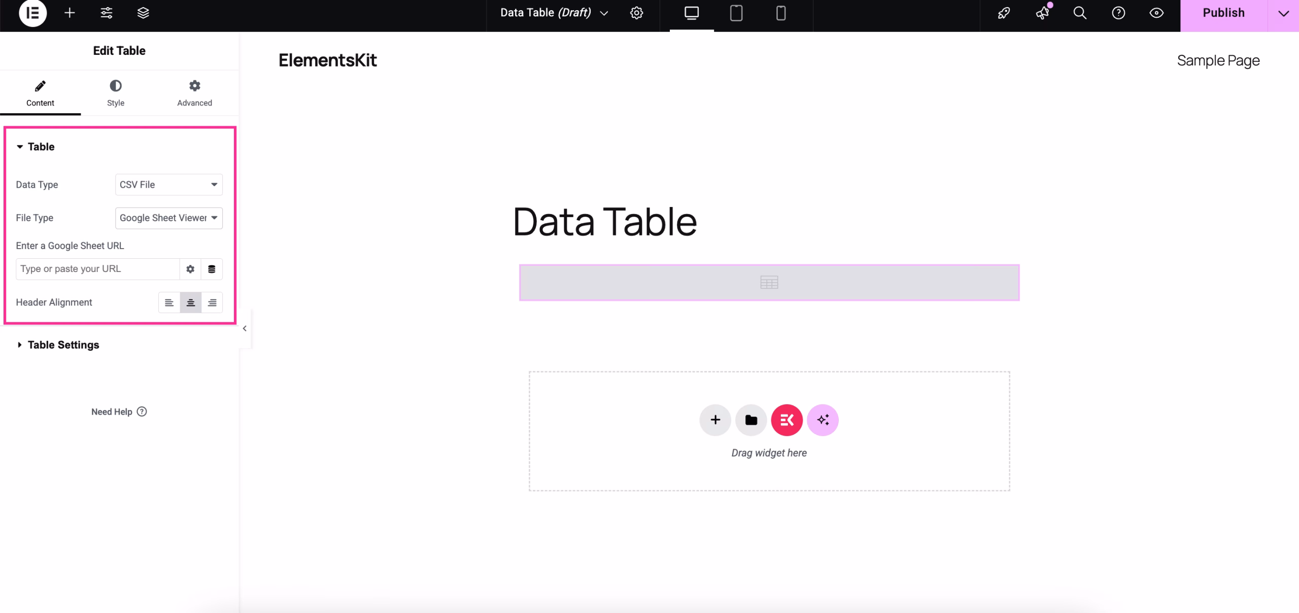 How to integrate data table with ElementsKit