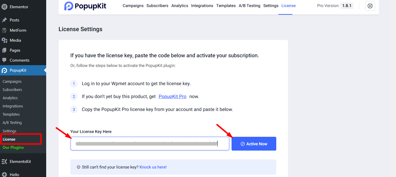 Activate the PopupKit license