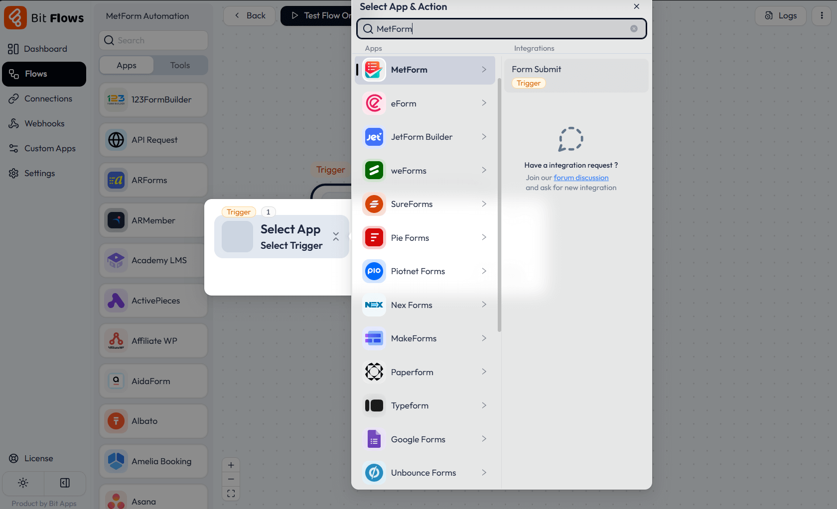 Add MetForm as the trigger in Bit Flows