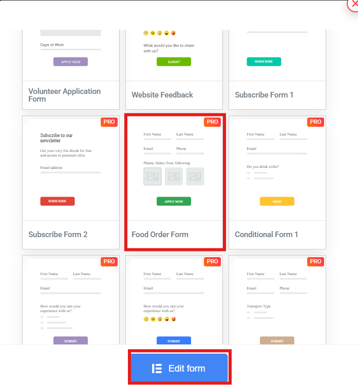 Choose food order form
