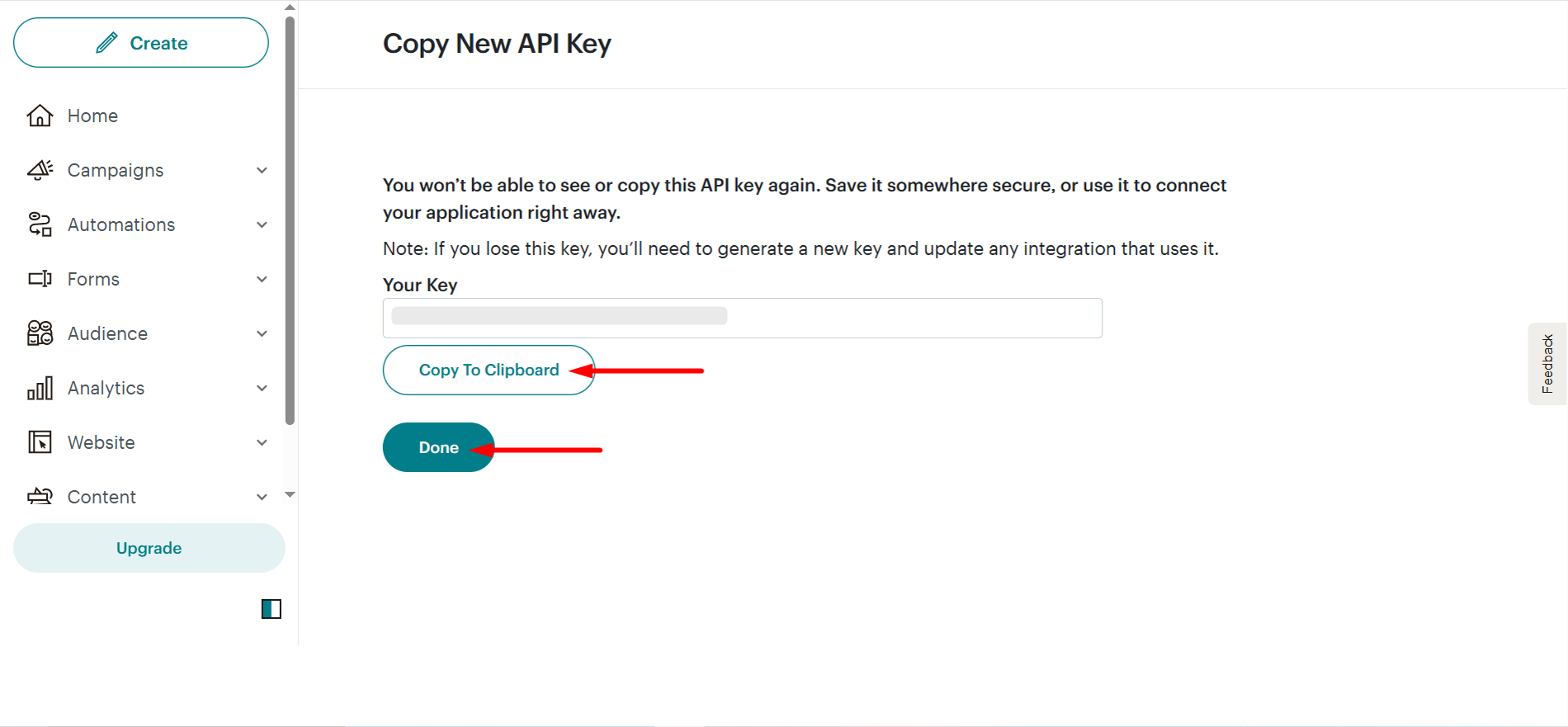 Copy the new API key of Mailchimp