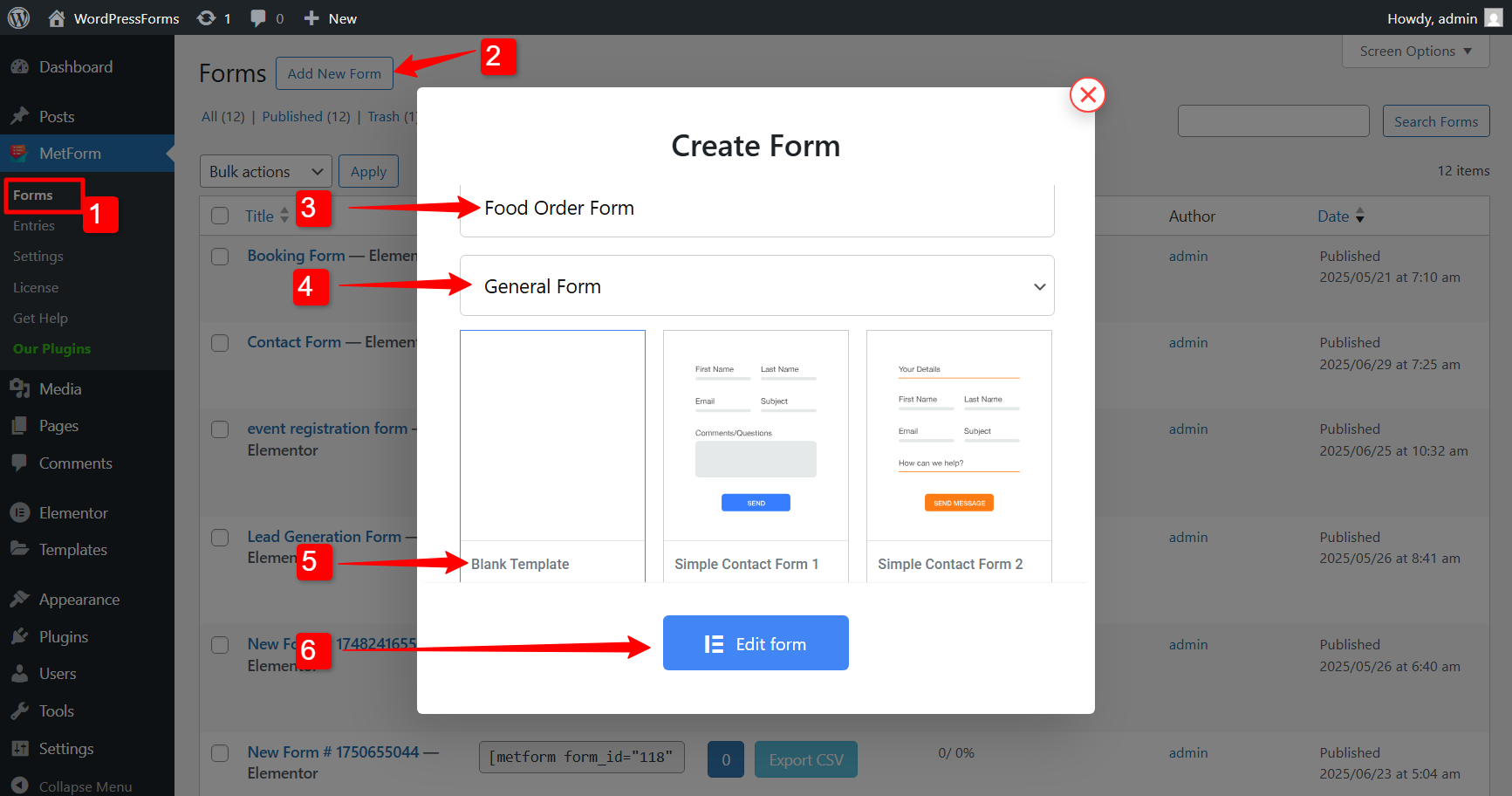 Create a food order form with a blank canvas in Elementor