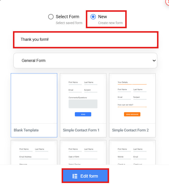 Create new form and select your template
