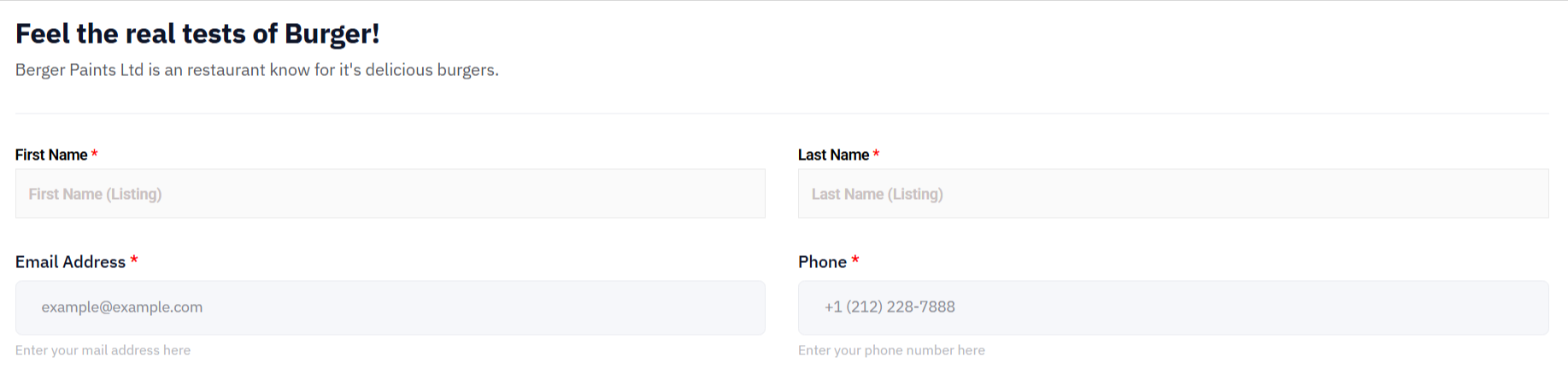 ustomer’s contact information fields for a food order form
